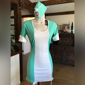 FORPLAY Sexy! Teal & White Nurse Costume Garter Dress w/Hat  S M *cosplay NWT